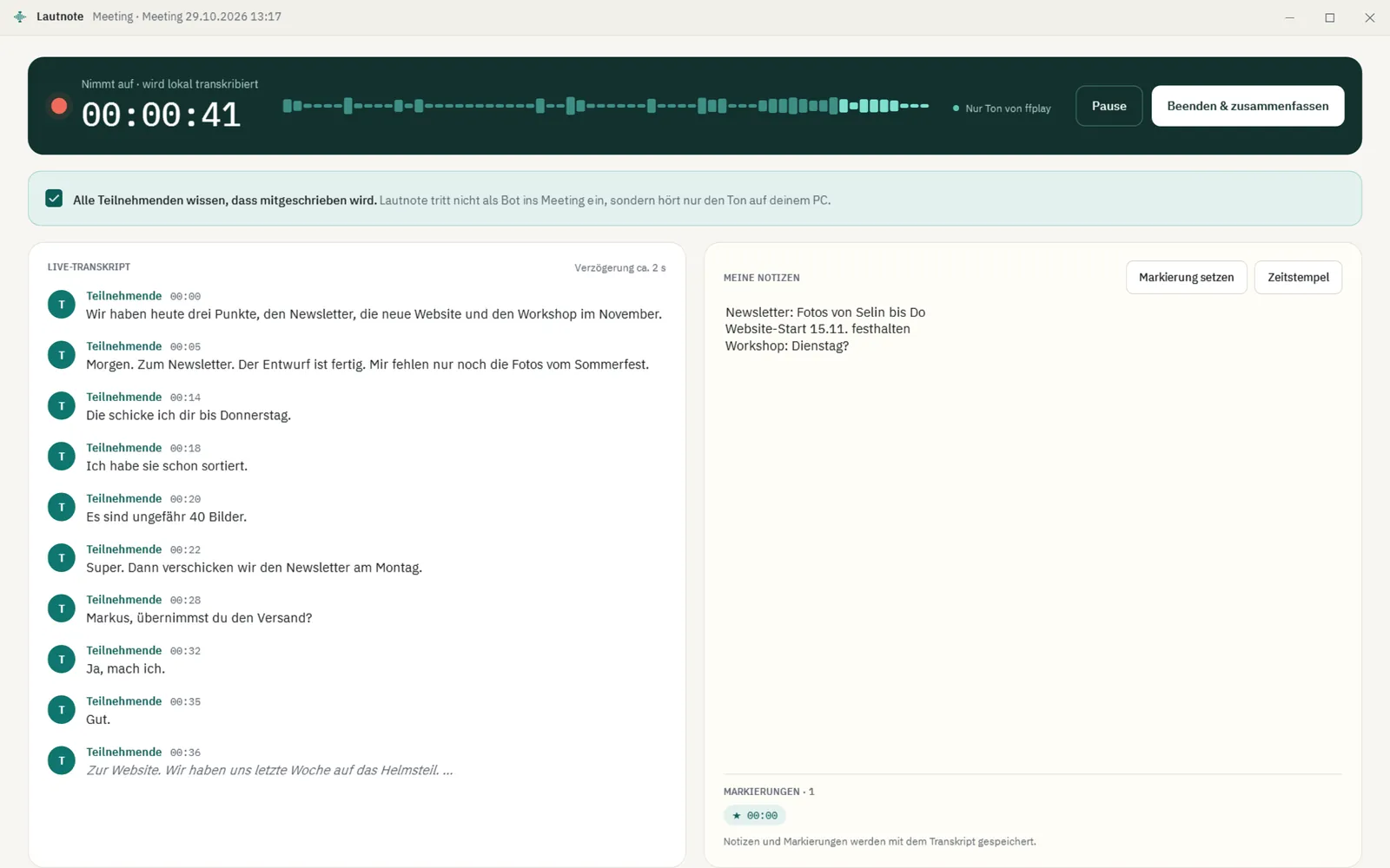 Meeting-Modus: Aufnahme, Live-Transkript und eigene Notizen nebeneinander