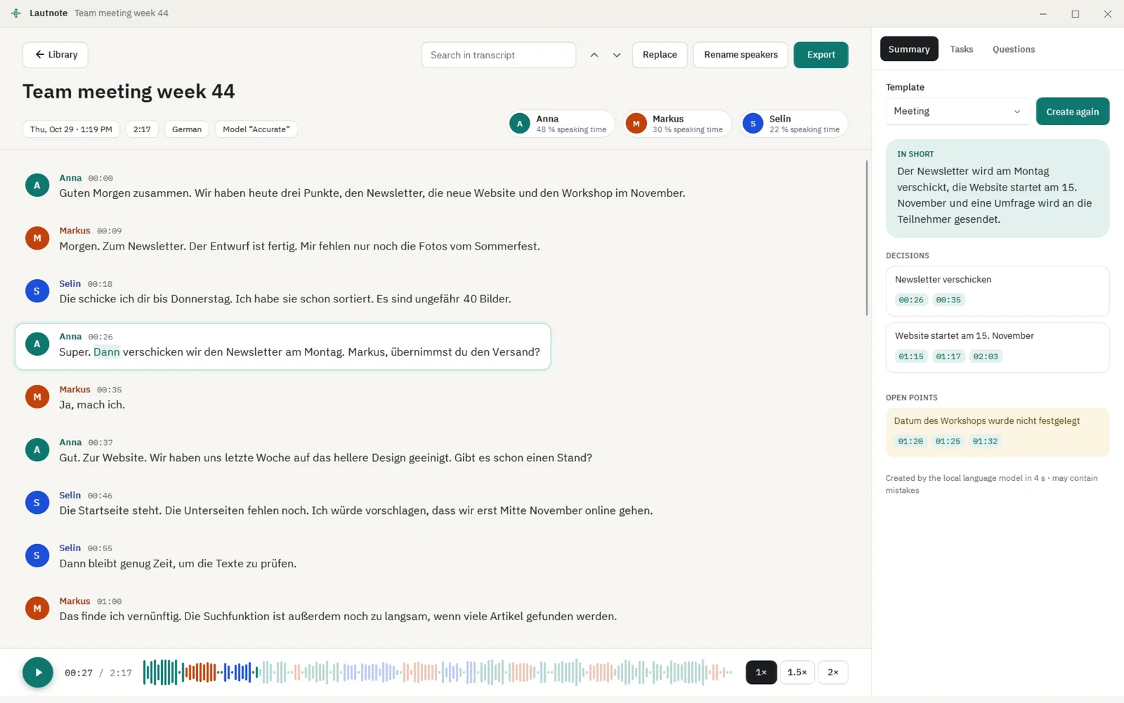 Editor with three speakers, their speaking time and the waveform