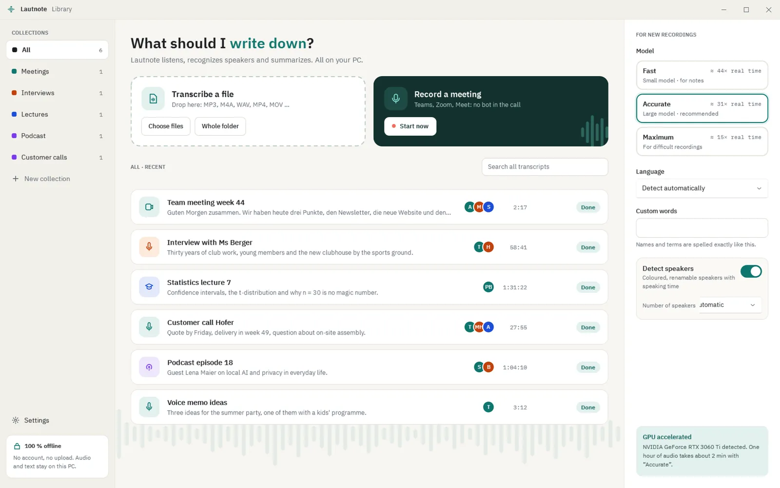 The Lautnote library with recent transcripts, model choice and the meeting button