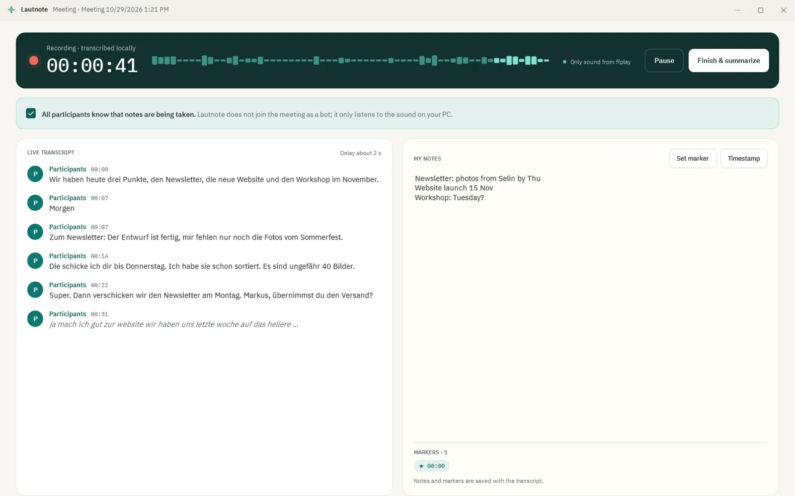 Meeting mode: recording, live transcript and your own notes side by side