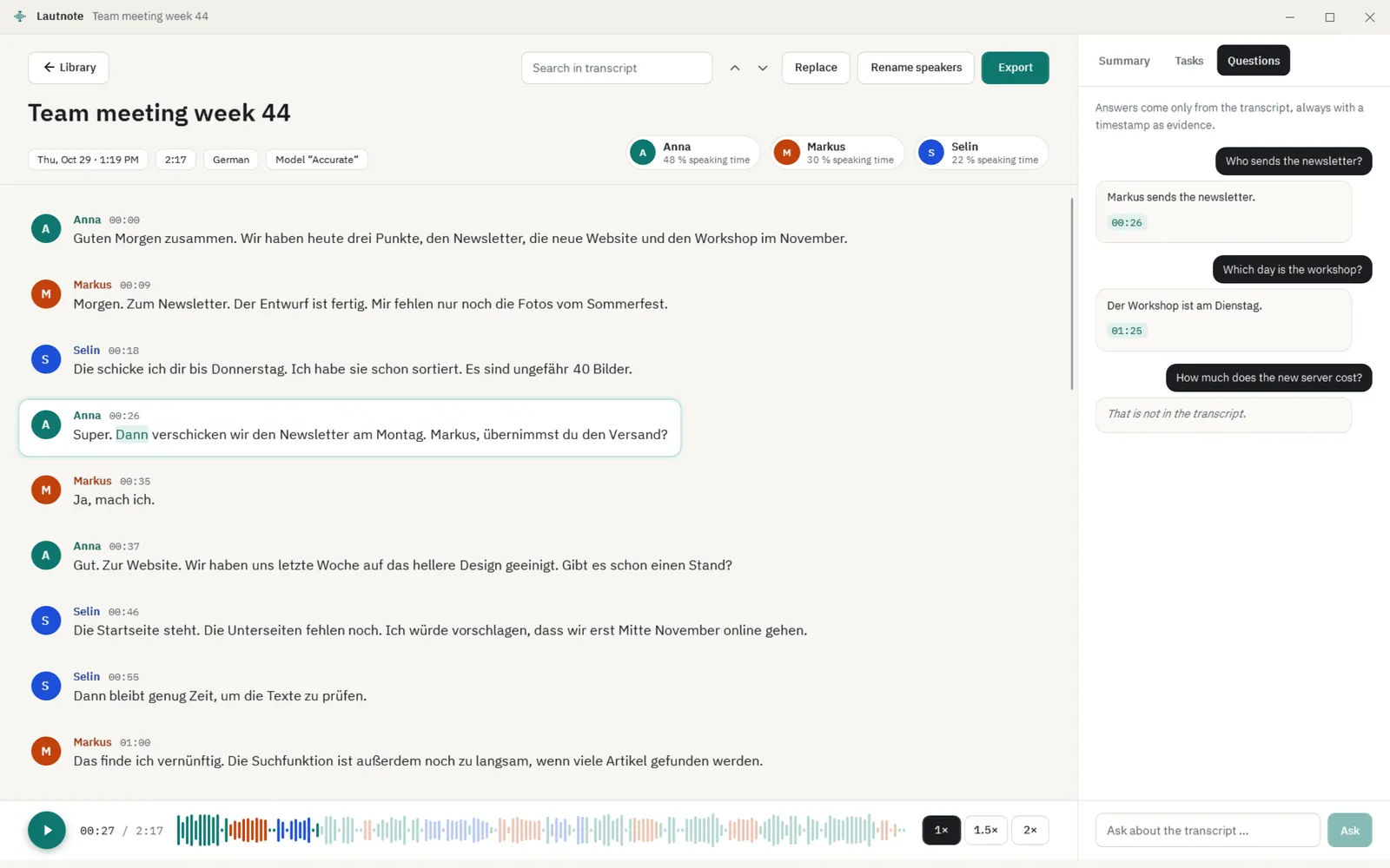 Questions to the transcript with answers and timestamps