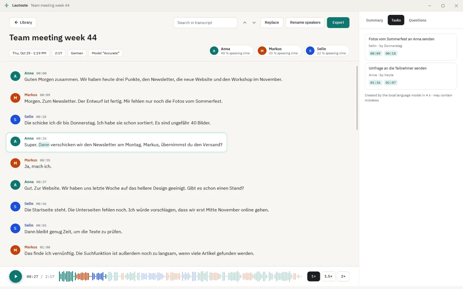 Tasks with owner and due date, each with a timestamp